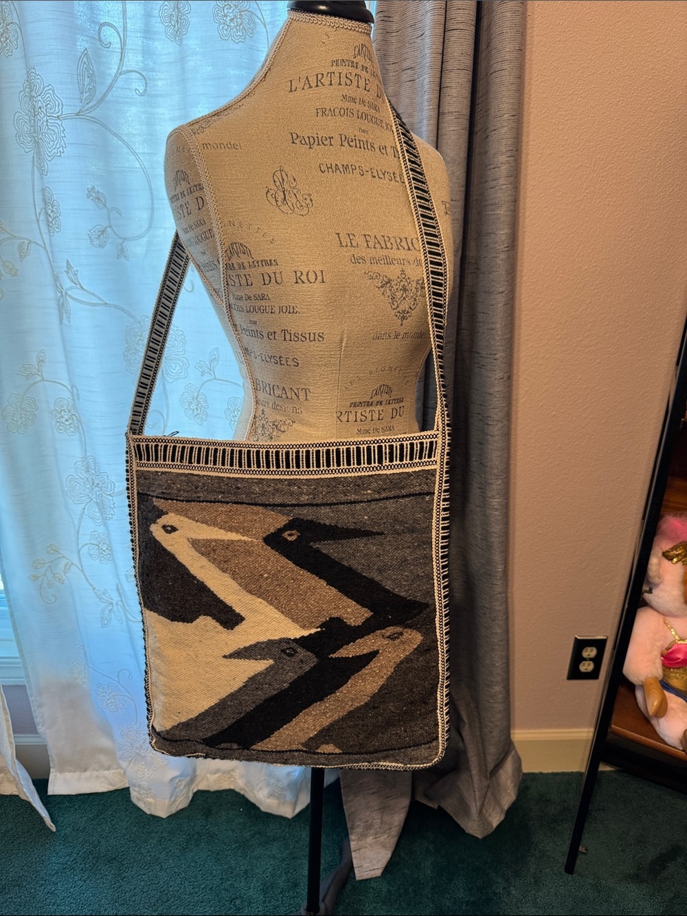Peruvian Woven Geometric Bird Tote in Black & Tan
